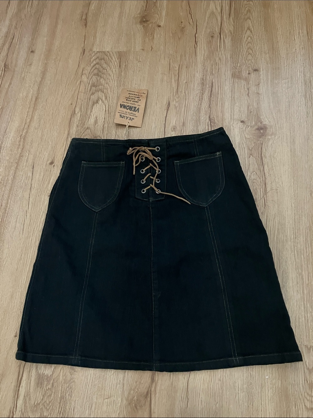 Y2k VERONA Dark Blue Lace-Up A-Line Denim Midi Skirt